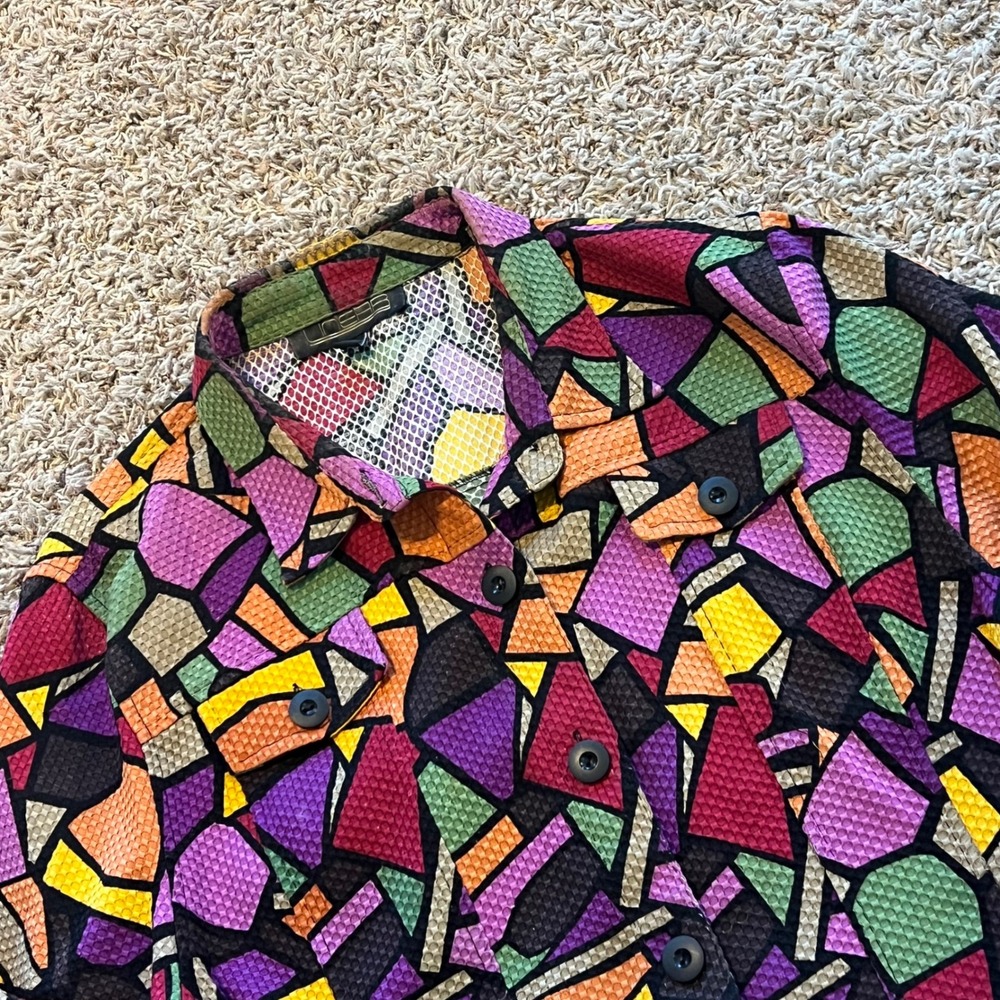 Vintage Linear Mosaic Stained Glass Geometric Waffle‎ Knit Jacket XL